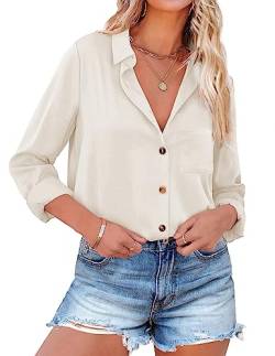 NIUDAU Hemd Damen Beige Bluse Langarmshirt mit Knöpfen für Frühling Arbeit Orberteil Beige L von NIUDAU