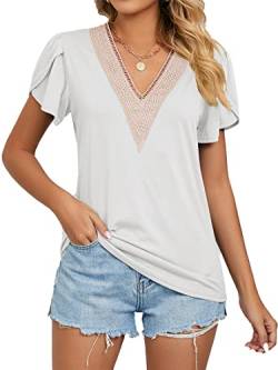 NIUHE Damen Gold Spitze V-Ausschnitt Fliese Kurze Ärmel lose Casual T-Shirt Top(Weiß,S) von NIUHE