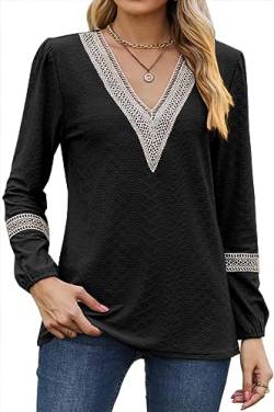 NIUHE Damen Gold Spitze V-Ausschnitt Kragen Muster Lose Relaxed Langarm T-Shirt Top(0 Schwarz,S) von NIUHE