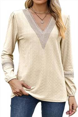 NIUHE Damen Gold Spitze V-Ausschnitt Kragen Muster Lose Relaxed Langarm T-Shirt Top(Aprikosenfarbe,M) von NIUHE