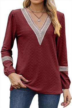 NIUHE Damen Gold Spitze V-Ausschnitt Kragen Muster Lose Relaxed Langarm T-Shirt Top(Rot,L) von NIUHE