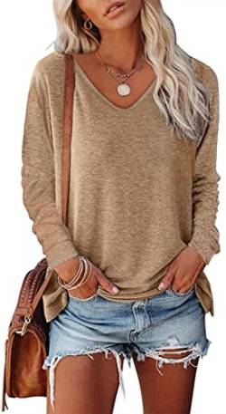 NIUHE Damen Langarmshirt V-Ausschnitt Einfarbig Casual Longsleeve T Shirts Flowy Tops Blusen(0-6 Khaki,XXL) von NIUHE