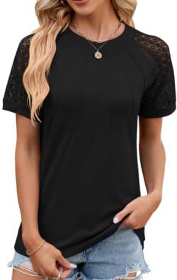 NIUHE Damen T-Shirt Brust Plissierte Muster Manschetten Spitze Hohl Rundhalsausschnitt Kurzarm(0 Schwarz,XL) von NIUHE