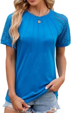 NIUHE Damen T-Shirt Brust Plissierte Muster Manschetten Spitze Hohl Rundhalsausschnitt Kurzarm(Blau,L) von NIUHE