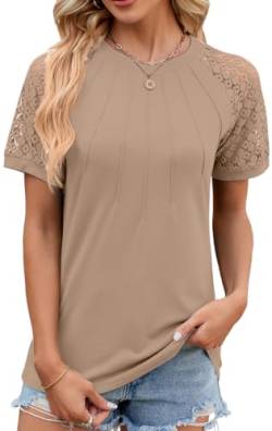 NIUHE Damen T-Shirt Brust Plissierte Muster Manschetten Spitze Hohl Rundhalsausschnitt Kurzarm(Khaki,M) von NIUHE