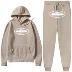 NIUHE Herren Trainingsanzug Sets Freizeit Jogginganzug Schiffe Druck 2-teilig Kapuzenjacke mit Kapuze Und Taschen Sporthose Kapuzenpullover(Khaki-2,M) von NIUHE