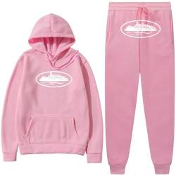 NIUHE Herren Trainingsanzug Sets Freizeit Jogginganzug Schiffe Druck 2-teilig Kapuzenjacke mit Kapuze Und Taschen Sporthose Kapuzenpullover(Rosa,S) von NIUHE