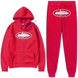 NIUHE Herren Trainingsanzug Sets Freizeit Jogginganzug Schiffe Druck 2-teilig Kapuzenjacke mit Kapuze Und Taschen Sporthose Kapuzenpullover(Rot,M) von NIUHE