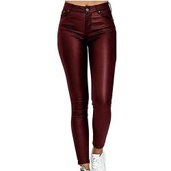 NIULI Damen Einfarbig Lederhose Skinny Fit PU-Lederhose Stretch-Leggings Kunstlederhose Damen Hose In Leder Optik (Color : Red Wine, Size : 3XL) von NIULI