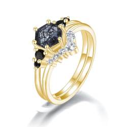Sechseckiger schwarzer Rutilquarz-Ring for Frauen, einzigartige schwarze Rutilquarz-Hochzeitssets, S925 Sterling Silber 10K 14K 18K, Muttertagsgeschenk (Color : 10K, Size : 49.3(15.7)) von NIUXIANG