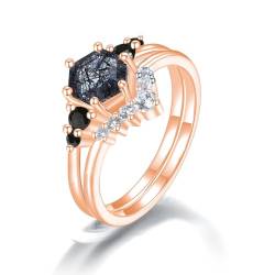 Sechseckiger schwarzer Rutilquarz-Ring for Frauen, einzigartige schwarze Rutilquarz-Hochzeitssets, S925 Sterling Silber 10K 14K 18K, Muttertagsgeschenk (Color : 10K, Size : 56(17.8)) von NIUXIANG
