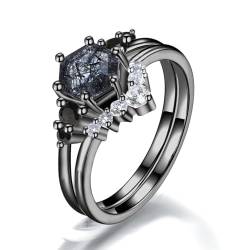 Sechseckiger schwarzer Rutilquarz-Ring for Frauen, einzigartige schwarze Rutilquarz-Hochzeitssets, S925 Sterling Silber 10K 14K 18K, Muttertagsgeschenk (Color : 14K, Size : 53(16.9)) von NIUXIANG