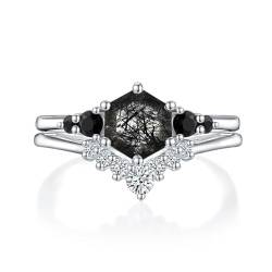 Sechseckiger schwarzer Rutilquarz-Ring for Frauen, einzigartige schwarze Rutilquarz-Hochzeitssets, S925 Sterling Silber 10K 14K 18K, Muttertagsgeschenk (Color : 14K, Size : 57(18.1)) von NIUXIANG