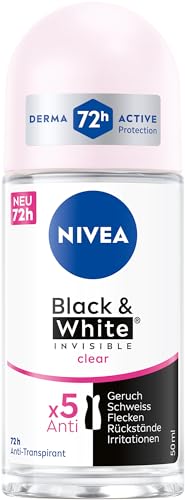 NIVEA Black & White Invisible Clear Deo Roll-On (50 ml), Antitranspirant mit Anti-Flecken-Formel und ohne Alkohol, Deodorant mit 48h Schutz und NIVEA Pflegekomplex von NIVEA