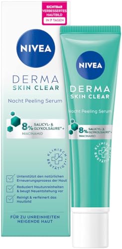 NIVEA Derma Skin Clear Nacht Peeling Serum (40 ml), Anti Pickel Serum für ein sichtbar verbessertes Hautbild, reinigendes und hautbildverfeinerndes BHA & AHA Peeling mit Niacinamid von NIVEA