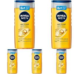 NIVEA MEN Active Energy Duschgel (250 ml), pH-hautfreundliche Pflegedusche mit 24h Frische-Effekt, Männer Duschgel mit Koffein für Körper, Gesicht und Haar (Packung mit 5) von NIVEA