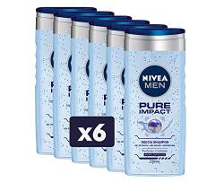 NIVEA MEN Pure Impact Dusch-Shampoo im 6er Pack (6 x 250 ml) Männer Badeschaum für Körper, Gesicht und Haare, Duschgel und Shampoo für Herren mit Minzextrakten von NIVEA