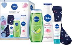 NIVEA Perfect Day Geschenkset, Pflegeset mit NIVEA Essentials für den perfekten Tag, Geschenkbox mit Tagespflege, Pflegedusche, Body Lotion und stylischen Socken von NIVEA
