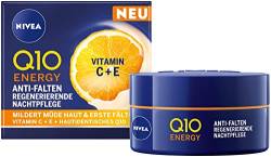 NIVEA Q10 Energy Anti-Falten Nachtpflege, feuchtigkeitsspendende Nachtcreme mit Q10, Vitamin E und C, Gesichtspflege mildert Fältchen und strafft die Haut, Q10 Energy Regenerierende Nachtpflege(50 ml) von NIVEA