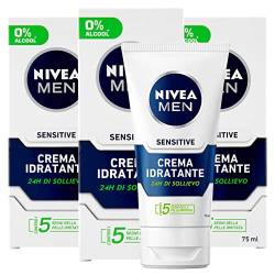 Nivea Men Sensitive Feuchtigkeitscreme für Männer, feuchtigkeitsspendend, verhindert Reizungen ohne Duft, 3 Flaschen 75 ml von NIVEA