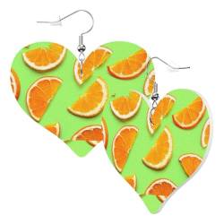 Damen-Leder-Herz-Ohrringe, orangefarbene Früchte, trendig, lustig, bedruckt, baumelnder Schmuck, Einheitsgröße, Leder von NIXNUT