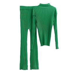 Damen Plissee Zweiteiler Outfit Elegant 2 Teiler Hosenanzug Set Frauen Langarmshirt + High Waist Freizeithose Outfits Sommer Herbst Outfit Set Langarm Oberteil Weitem Bein Jogginganzug (Green-a, S) von NJGRAE