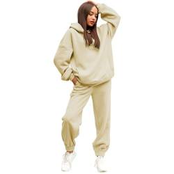 Damen Tracksuit Langarm Rundhalsausschnitt Einfarbig Zweiteiler Outfit Hoodie Jogger Trainingsanzug Set Sweatshirt & Jogginghose Pullover Sweatshirt und Jogginghose Warm Vlies Kleidungsset (Beige, S) von NJGRAE