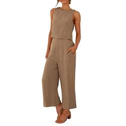 Damen Zweiteilige Outfits Baumwolle Leinen Freizeitanzug Sommer Tank Top und Hose Casual Einfarbig Hosenanzug mit Taschen Jogginganzug Leicht Leinenanzug Hosen Einfarbig Top Set Anzug (A-Coffee, S) von NJGRAE