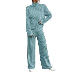 NJGRAE Damen 2 Stück Strickanzug Langarm Strickpullover Und Lange Jogginghose Zweiteilige Beiläufig Outfit Freizeitanzug Sportanzug Loungewear Set 2-teiliges Outfit Set (a-Blue, S) von NJGRAE