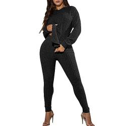 NJGRAE Damen 2 Stück Strickanzug Langarm Strickpullover Und Lange Jogginghose Zweiteilige Beiläufig Outfit Freizeitanzug Sportanzug Loungewear Set 2-teiliges Outfit Set (b-Black, S) von NJGRAE