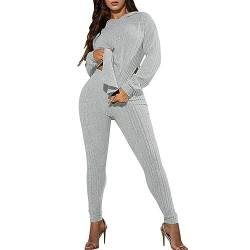 NJGRAE Damen 2 Stück Strickanzug Langarm Strickpullover Und Lange Jogginghose Zweiteilige Beiläufig Outfit Freizeitanzug Sportanzug Loungewear Set 2-teiliges Outfit Set (b-Grey, S) von NJGRAE