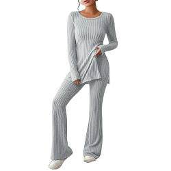 NJGRAE Damen 2 Stück Strickanzug Langarm Strickpullover Und Lange Jogginghose Zweiteilige Beiläufig Outfit Freizeitanzug Sportanzug Loungewear Set 2-teiliges Outfit Set (c-Grey, L) von NJGRAE