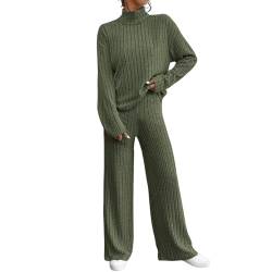 NJGRAE Damen 2 Stück Strickanzug Langarm Strickpullover Und Lange Jogginghose Zweiteilige Beiläufig Outfit Freizeitanzug Sportanzug Loungewear Set 2-teiliges Outfit Set (hb2-Green, M) von NJGRAE