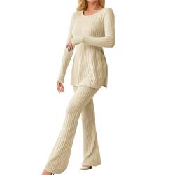 NJGRAE Damen 2 Stück Strickanzug Langarm Strickpullover Und Lange Jogginghose Zweiteilige Beiläufig Outfit Strick Outfits für Damen Freizeitanzug Sportanzug Loungewear Trainingsanzug Set (Beige, M) von NJGRAE