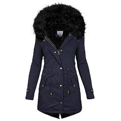 NJGRAE Damen Flauschige Winter Jacke Stepp Mantel Parka mit Kunstfellkapuze Winterjacke (cr1-Dark Blue, L) von NJGRAE