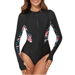 NJGRAE Damen Kurzarm Badeanzug 1/4 Zip Rash Guard -Bikini-Badeanzug mit Reißverschluss, dreieckig, einteilig, Blattdruck, langärmelig, 2 (Black, S) von NJGRAE