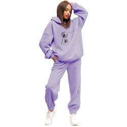 NJGRAE Damen Tracksuit Langarm Rundhalsausschnitt Einfarbig Zweiteiler Outfit Hoodie Jogger Trainingsanzug Set Sweatshirt & Jogginghose Pullover Sweatshirt und Jogginghose Warm Vlies (SH3-Purple, XXL) von NJGRAE
