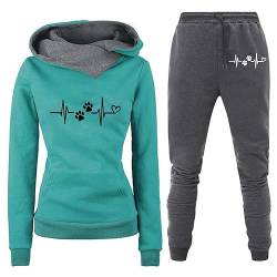 NJGRAE Damen Trainingsanzug Set 2-Teilig Heartbeat Print Hoodie Jogginghose Sweatshirt Hose Zweiteiler Jogginganzüge Damen Kapuzenpullover Sporthose Set (A-Green, XXL) von NJGRAE