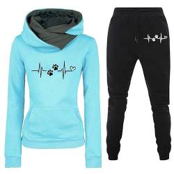 NJGRAE Damen Trainingsanzug Set 2-Teilig Heartbeat Print Hoodie Jogginghose Sweatshirt Hose Zweiteiler Jogginganzüge Damen Kapuzenpullover Sporthose Set (A-Sky Blue, L) von NJGRAE