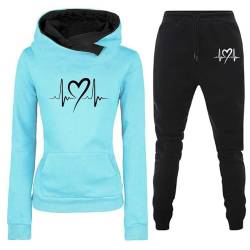 NJGRAE Damen Trainingsanzug Set 2-Teilig Heartbeat Print Hoodie Jogginghose Sweatshirt Hose Zweiteiler Jogginganzüge Damen Kapuzenpullover Sporthose Set (C-Sky Blue, M) von NJGRAE