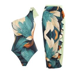 NJGRAE Damen Zweiteilig Badeanzug V-Ausschnitt Monokini Elegant Blumen Gedruckt Badeanzugkleid Schwimmrock Set Sport Schwimmanzug (Green-7, XL) von NJGRAE