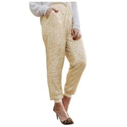 NJGRAE Pailettenhose für Damen Glitzer Pailletten Yoga Hosen vorne mit Pailletten Leggings Funkelnde Hose Glitzer Hosen Silberne Leggings Metallisch Glänzende Hose (Gold #1, XL) von NJGRAE