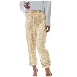 NJGRAE Pailettenhose für Damen Glitzer Pailletten Yoga Hosen vorne mit Pailletten Leggings Funkelnde Hose Glitzer Hosen Silberne Leggings Metallisch Glänzende Hose (Gold #2, XXL) von NJGRAE