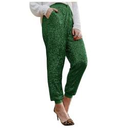 NJGRAE Pailettenhose für Damen Glitzer Pailletten Yoga Hosen vorne mit Pailletten Leggings Funkelnde Hose Glitzer Hosen Silberne Leggings Metallisch Glänzende Hose (Green #1, L) von NJGRAE