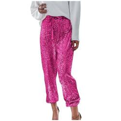 NJGRAE Pailettenhose für Damen Glitzer Pailletten Yoga Hosen vorne mit Pailletten Leggings Funkelnde Hose Glitzer Hosen Silberne Leggings Metallisch Glänzende Hose (Hot Pink #2, XL) von NJGRAE