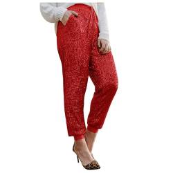 NJGRAE Pailettenhose für Damen Glitzer Pailletten Yoga Hosen vorne mit Pailletten Leggings Funkelnde Hose Glitzer Hosen Silberne Leggings Metallisch Glänzende Hose (Red #1, XXL) von NJGRAE