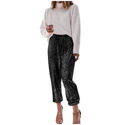 NJGRAE Pailettenhose für Damen Glitzer Pailletten Yoga Hosen vorne mit Pailletten Leggings Funkelnde Hose Glitzer Hosen Silberne Leggings Metallisch Glänzende Hose (ht5-Black, XL) von NJGRAE