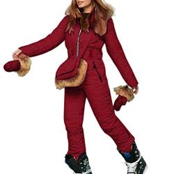 NJGRAE Skianzug Skijacke Damen Einteiliger Jumpsuit mit Kapuze Langer Skioverall Winter Warme Schnee Skifahren Sätze Reißverschluss Outdoor Overall wasserdicht Schneeanzug Skihose Sets (xe5-Red, S) von NJGRAE