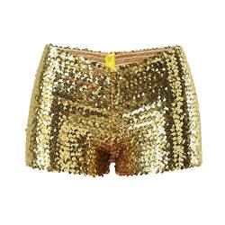 NJGRAE Sommer Kurz Hose Damen Shorts -Perlen-Hotpants mit schmaler Passform und Pailletten in einfarbiger, mittelhoher, sexy Shorts mit geradem Bein (ch3-Gold, S) von NJGRAE