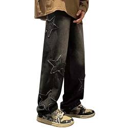 NKPUYT Herren Baggy Jeans Y2K Jeanshose Vintage Denim Hosen Hip Hop Hose Streetwear Straight Leg Jeans Skateboard Jeans mit Weitem Bein Harajuku Denim Pants Gerade Jeanshose Trouser (0207A-Black, S) von NKPUYT